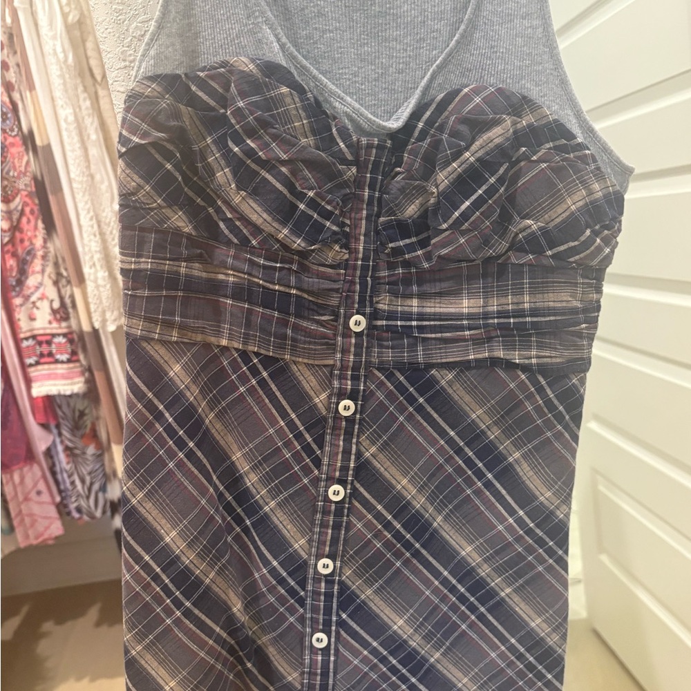 Plaid Button-Down Dress with Gray Top